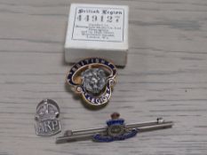 A SILVER AND ENAMEL MILITARY BAR BROOCH, SILVER ARP BADGE ETC