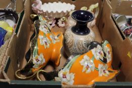 A BOX OF ASSORTED DOULTON CERAMICS ETC TO INCLUDE A LANGLEY MILL VASE
