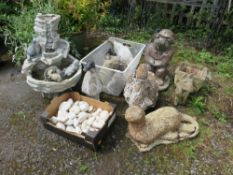 A QUANTITY OF GARDEN ANIMAL ORNAMENTS INCLUDING A WATER FEATURE
