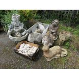 A QUANTITY OF GARDEN ANIMAL ORNAMENTS INCLUDING A WATER FEATURE