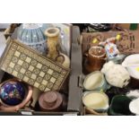 TWO TRAYS OF ASSORTED TREEN, POTTERY AND COLLECTABLES TO INCLUDE A TRAVEL BACKGAMMON BOARD , BOOK