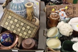 TWO TRAYS OF ASSORTED TREEN, POTTERY AND COLLECTABLES TO INCLUDE A TRAVEL BACKGAMMON BOARD , BOOK