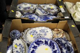 TWO TRAYS OF ANTIQUE CHINA TO INCLUDE FLOW BLUE, WEDGWOOD, SPODE TUREENS ETC