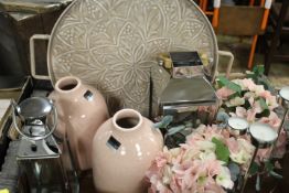 TWO TRAYS OF SHOW HOME ACCESSORIES TO INCLUDE STAINLESS STEEL CANDLE LANTERNS, CANDLESTICKS ETC