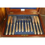 A CASED SET OF SILVER HANDLES VINTAGE FISH KNIVES AND FORKS