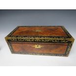 A 19TH CENTURY WALNUT AND MAHOGANY WRITING SLOPE, with brass and painted inlaid decoration, W 50 cm