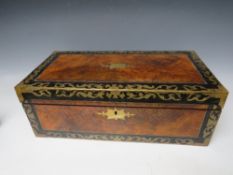 A 19TH CENTURY WALNUT AND MAHOGANY WRITING SLOPE, with brass and painted inlaid decoration, W 50 cm