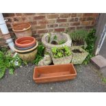 A COLLECTION OF ASSORTED GARDEN PLANTERS INCLUDING STONE EXAMPLES