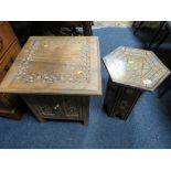 A SMALL EASTERN HEXAGONAL TABLE AND A CARVED HARDWOOD CABINET (2)
