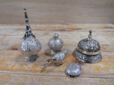 A COLLECTION OF WHITE METAL NOVELTY / COLLECTORS ITEMS, TO INCLUDE A WHITE METAL DESK BELL, ANGLO-
