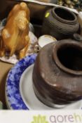 A TRAY OF ANTIQUE AND VINTAGE POTTERY AND CERAMICS TO INCLUDE AN UNUSUAL FIGURE OF A CAMEL,