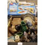 A TRAY OF ASSORTED TREEN AND CERAMICS ETC TO INCLUDE COCKEREL FIGURES, TOGETHER WITH A BOX OF LEGO