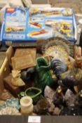 A TRAY OF ASSORTED TREEN AND CERAMICS ETC TO INCLUDE COCKEREL FIGURES, TOGETHER WITH A BOX OF LEGO