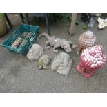 A COLLECTION OF ASSORTED GARDEN ORNAMENTS TO INCLUDE TWO BUDDHA HEADS ( NOT STONE ) FACES MASKS