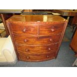 A VICTORIAN MAHOGANY BOW FRONT CHEST OF FIVE DRAWERS - NO FEET AND IN TWO PARTS W-101 CM A/F