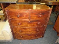 A VICTORIAN MAHOGANY BOW FRONT CHEST OF FIVE DRAWERS - NO FEET AND IN TWO PARTS W-101 CM A/F