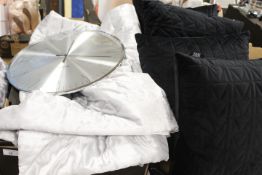 FOUR EX SHOWHOME BLACK VELVET KARL LAGERFELD CUSHIONS TOGETHER WITH A CHROMED KARLSSON CLOCK AND