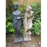 TWO STONE FIGURATIVE FEMALE GARDEN STATUES H-86 CM TALLEST