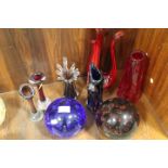 A COLLECTION OF VINTAGE WHITEFRIARS AND CONTINENTAL STUDIO ART GLASS VASES ETC, tallest H 30 cm,