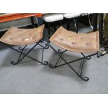 A PAIR OF MODERN X FRAME STOOLS WITH LEATHER EFFECT TOPS (2)