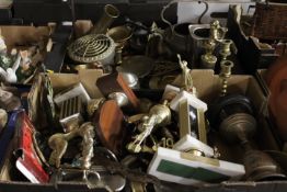 TWO TRAYS OF ASSORTED METAL WARE TO INCLUDE BRASS TRIVETS DARTS TROPHIES ETC