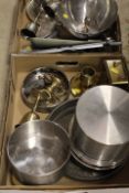 TWO TRAYS OF ASSORTED METALWARE TO INCLUDE A TRENCH ART TABLE VESTA