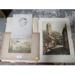 A SMALL ANTIQUE WATERCOLOUR TOGETHER WITH A SKETCH OF A CHILD AND AN ENGRAVING (3)