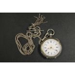 AN ANTIQUE SILVER LADIES POCKET WATCH ON SILVER ALBERTINA CHAIN