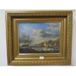 A GILT FRAMED OIL ON BOARD OF SAIL SHIPS IN THE BAY