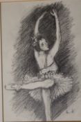 A FRAMED AND GLAZED PENCIL STUDY OF A BALLERINA - INITIALED LOWER LEFT L.K
