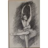 A FRAMED AND GLAZED PENCIL STUDY OF A BALLERINA - INITIALED LOWER LEFT L.K