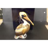 A ROYAL CROWN DERBY PAPERWEIGHT IN THE FORM OF A BROWN PELICAN - WITH BOX