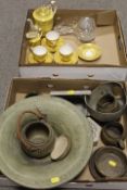 A TRAY OF STUDIO POTTERY TOGETHER WITH A TRAY OF TEAWARE
