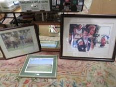 THREE ASSORTED FRAMED AND GLAZED GOLFING PRINTS TOGETHER WITH A PINE MIRROR (4)