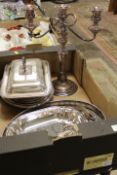 A TRAY OF ASSORTED SILVER PLATED WARE TO INCLUDE TUREENS
