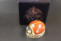 A ROYAL CROWN DERBY PAPERWEIGHT IN THE FORM OF A SEVEN SPOT LADYBIRD - WITH BOX