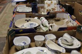 THREE TRAYS OF ASSORTED CERAMICS ETC TO INCLUDE AN UNUSUAL SHAPED CHEESE DOME