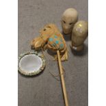 TWO VITNAGE MANNEQUIN HEADS / WIG STANDS TOGETHER WITH A MIRROR AND A HOBBY HORSE