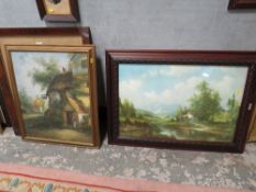 A GILT FRAMED OIL ON CANVAS OF A COUNTRY INN TOGETHER WITH ANOTHER (2 )