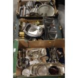THREE TRAYS OF ASSORTED METALWARE TO INCLUDE BRASS, COPPER AND SILVER PLATED ITEMS ETC