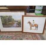 A FRAMED AND GLAZED SIGNED LIMITED EDITION PRINT OF A FLY FISHERMAN TOGETHER WITH A FRAMED AND