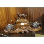 A LATE 19TH / EARLY 20TH CENTURY MAHOGANY DESK TIDY, with pair of inkwells and carved wooden lid