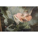 A GILT FRAMED OIL ON BOARD OF A LADY ON A SWING IN THE GARDEN - SIGNED LOWER RIGHT