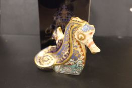 A ROYAL CROWN DERBY PAPERWEIGHT IN THE FORM OF A PAPTIM SEAHORSE - WITH BOX