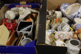 TWO TRAYS OF ASSORTED CERAMICS ETC TO INCLUDE A SMALL BELLEEK CLOCK