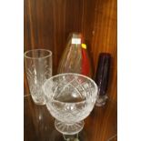 A MULTICOLOURED GLASS TEARDROP VASE, CUT GLASS BOWL ETC (4)