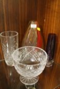 A MULTICOLOURED GLASS TEARDROP VASE, CUT GLASS BOWL ETC (4)