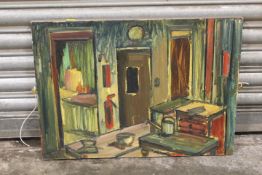 AN IMPRESSIONIST OIL ON BOARD ENTITLED INTERIOR ART ROOM 1971 BY GEORGE HOLT.