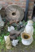 A MODERN STONE WHEEL, GIRL WATER FEATURE, GNOME AND ANIMAL ORNAMENTS