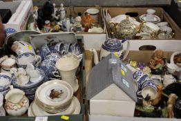 FOUR TRAYS OF ASSORTED CERAMICS TO INCLUDE TEA WARE AND ANIMAL FIGURES